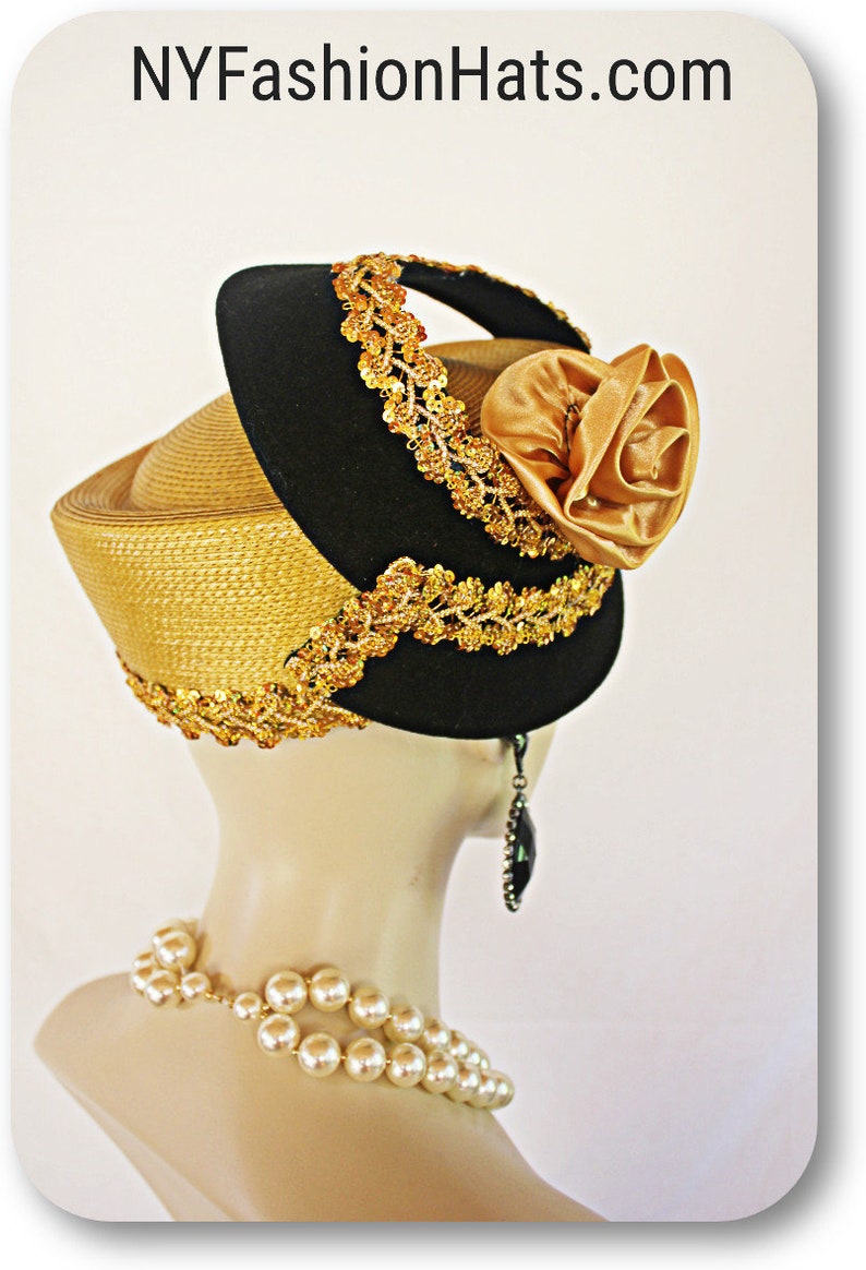 Haute Couture Motf Premium Antique Gold Straw Black Wool Sculptured Pillbox Hat, Art Deco Fashions, Statement Hats NY Fashion Hats Millinery image 4
