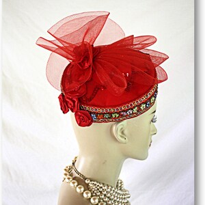 Formal Red Satin Handmade Vintage Style Pillbox Wedding Hat, Beaded Sequin Formal Cocktail Hat Fascinator, NYFashionHats Couture Designer