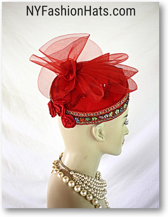 Formal Red Satin Handmade Vintage Style Pillbox Wedding Hat