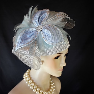 Blue Metallic Silver Pillbox Wedding Hat Women, Church Hats, NY Fashion Hats, Cocktail Hat Fascinator, Bridal Headpiece, Mother Of The Bride