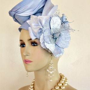 Women&#39;s Haute Couture Designer Satin Hat, Baby Blue Pillbox Wedding Bridal Hat, Mother Of The Bride Hats, Couture Designer Hats For Women