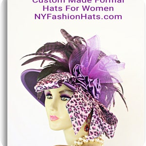 Women's Couture Purple Wool Satin Winter Designer Hat, Pink Black Leopard Print Formal Hat, Statement Wedding Headpiece Millinery Dress Hats