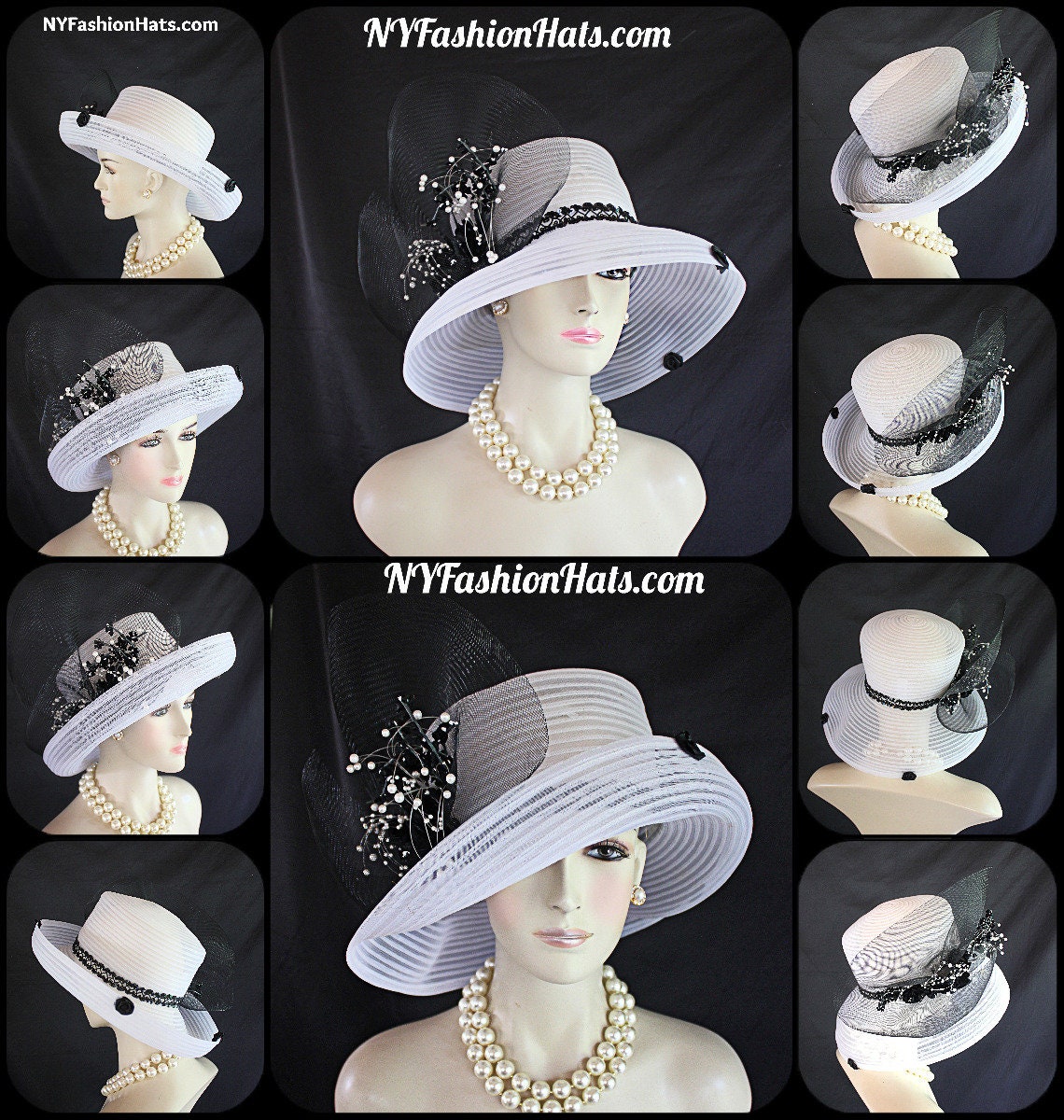 Extravagant Couture Wide Brim Bold Avant Garde Black White Hat Church Derby Tea HISSHE Womens Church Derby Dress Hat Wide Brim Crystal Tea  main image 2