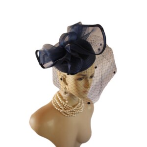 Navy Blue Satin Birdcage Veil Pillbox Hat, Bridal Wedding Cocktail Hat, Mother Of The Bride Dress Hat, Haute Couture Formal Fashion Hats
