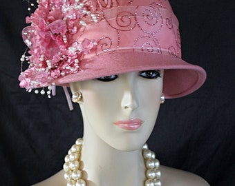 Dusty Pink White Winter Wool Luxury Designer Hat, Mother Of The Bride Hat, Church Hat, Wedding Dress Hat, Formal Hat NYFashionHats Millinery