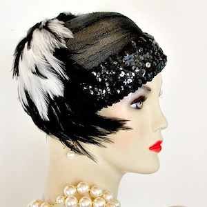 Ladies Black White Flapper Art Deco Feather Cocktail Hat 1920&#39;s Style, Women&#39;s Formal Dress Church Wedding Hat, Races Derby Social Events