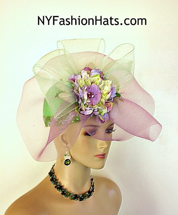 Couture Lime Green Lavender Purple Designer Pillbox Hat  display picture 3