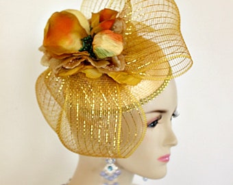 Kentucky Derby Hat, Cocktail Hat For Horse Races, Wedding Fascinator, Women's Pillbox Hat Gold, Women's Couture Designer Hat Apparel, Annie