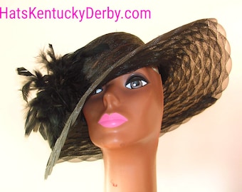 Custom Black Feather Wide Brim Kentucky Derby Hat With Your Choice Of Feather Colors, Royal Ascot Hats, Wedding Church Dress Tea Hat 3nb