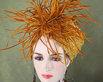 Avantgarde Designer Satin Hut Kopfschmuck, Antik Gold Statement Pillbox Hochzeit Brauthut, NY Modehüte, formelle Kirchenhut Hutmacherei