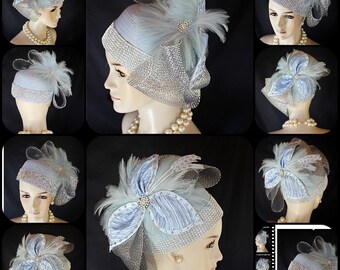 Blue Metallic Silver Pillbox Wedding Hat Women, Church Hats, NY Fashion Hats, Cocktail Hat Fascinator, Bridal Headpiece, Mother Of The Bride