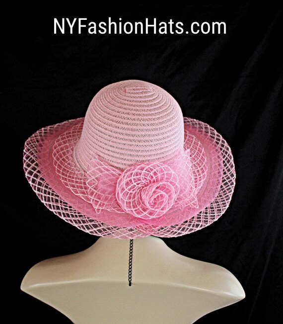 Women's Pink Formal Wedding Bridal Hat, Mother of The Bride Dress Hat, Church Temple Wide Brim Hat, NYFashionHats Couture Designer Hats