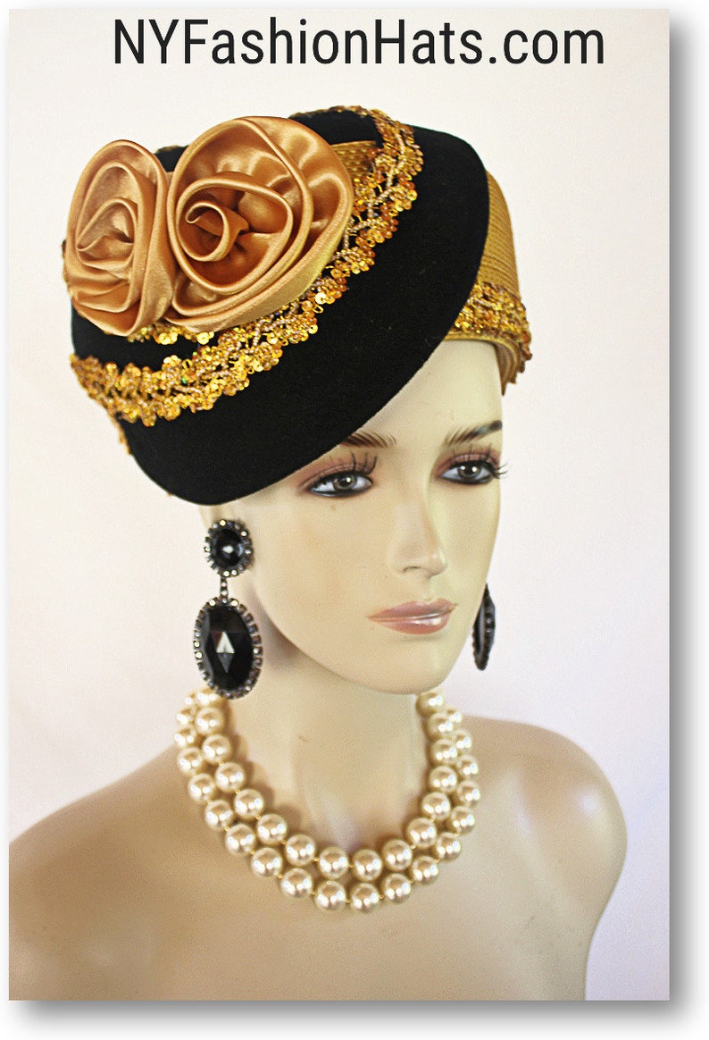 Haute Couture Motf Premium Antique Gold Straw Black Wool Sculptured Pillbox Hat, Art Deco Fashions, Statement Hats NY Fashion Hats Millinery image 2