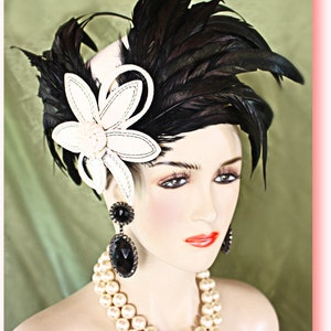 Exclusive Off White Black Couture Statement Pillbox Evening Hat Cap, &quot;Feather Fantasy&quot; Handmade Bridal Headpiece Hat, Royal Wedding Hat