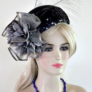 Women&#39;s Haute Couture Navy Blue Grey Pillbox Hat, Formal Wedding Dress Hat, Mother Of The Bride Hat, NYFashionHats Millinery Women, Elaina