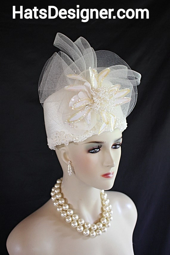 White Embellished Women\'s  Pillbox Hat CAMDEN PILLBOX - White - Gold Coast Couture main image 3