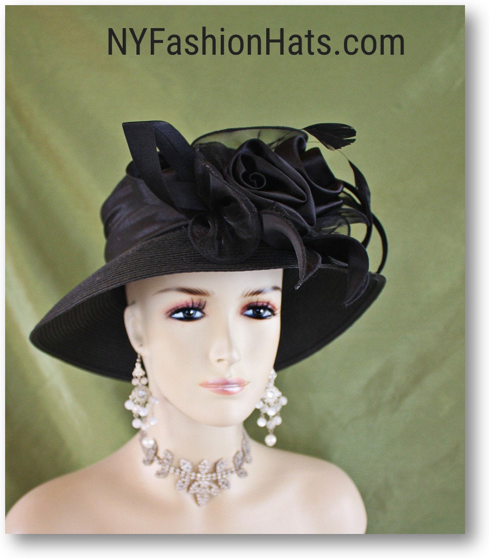 Beautifu dressy designer couture special occasion satin ribbon hat church Black Classy Ladies Wide Brim Satin Ribbon Dress Hat/Shenor  main image 2