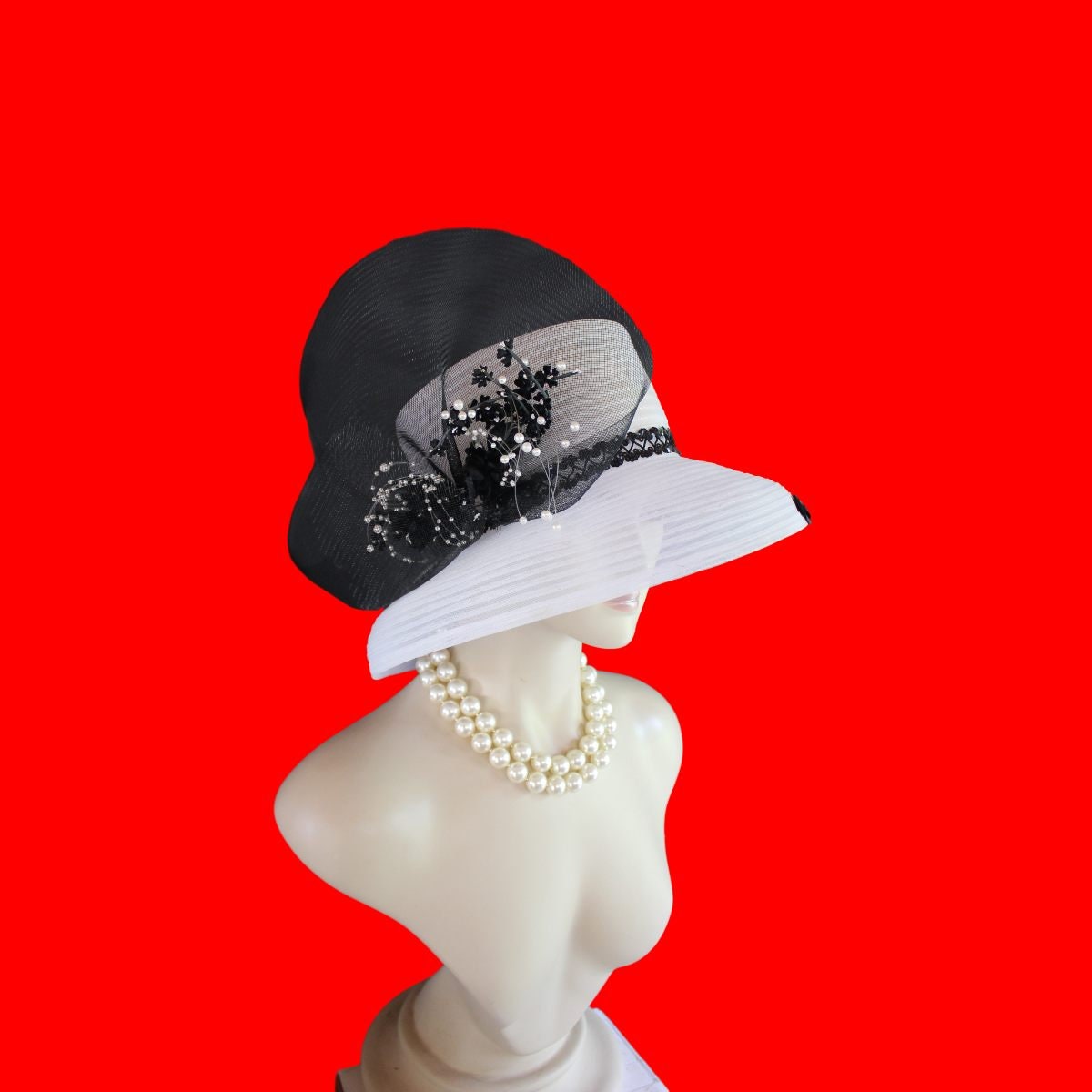 Extravagant Couture Wide Brim Bold Avant Garde Black White Hat Church Derby Tea Avant Garde Luxury Large Brim Wedding Hat, Black White  main image 3