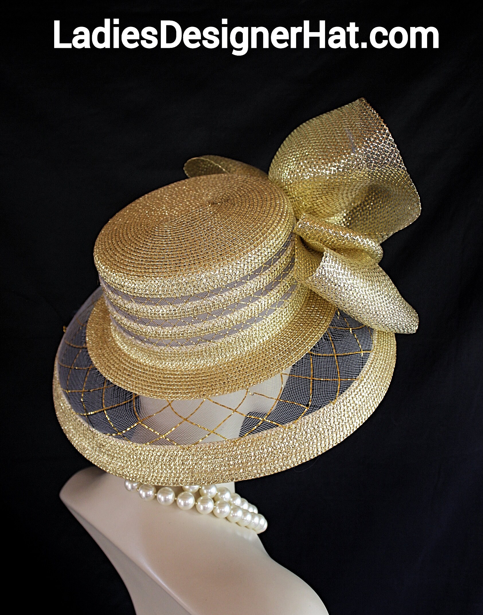 Avant Garde Metallic Gold Hat Women, Formal Big Brim Holiday  display picture 1