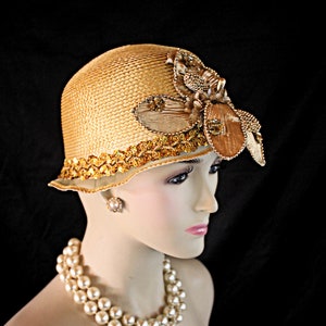 Roaring Twenties Great Gatsby Styled Women&#39;s Gold Hat, Formal Hats For Weddings Dress Church Temple, NYFashionHats Custom Millinery, Venus