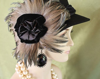 Couture Designer Hats, Hollywood Glamour Black Gray Wool Satin Velvet Winter Hat, Statement Formal Hat Millinery, NY Fashion Hats "Audi"