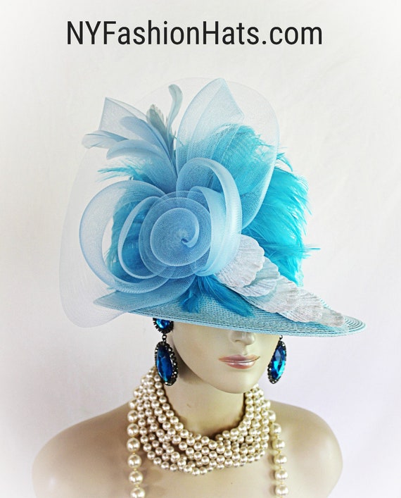 Baby Blue Turquoise Couture Designer Hat, Formal Wedding  display picture 1