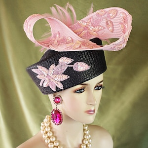 Haute Couture Navy Blue Pink Art Pillbox Hat, Wedding Bridal Hat Headpiece, Mother Of The Bride Hats, Designer Dress Fashion Hats Women