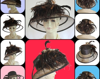 Sombrero de vestir formal de ala grande marrón para mujer, sombrero para ocasiones de la iglesia de bodas, sombreros de moda de Nueva York Millinery Haute Couture, sombreros de diseñador para carreras de caballos