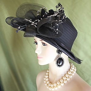 Women&#39;s Black White Formal Satin Dress Hat, Wedding Church Occasion Hat, NY Fashion Hats Millinery Haute Couture, Large Brim Designer Hat
