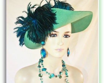 Sombreros de diseñador de alta costura, Old Hollywood Glamour Jade Green Peacock Turquoise Blue Feathered Hat, Statement Designer Hat Millinery NYFashionHats