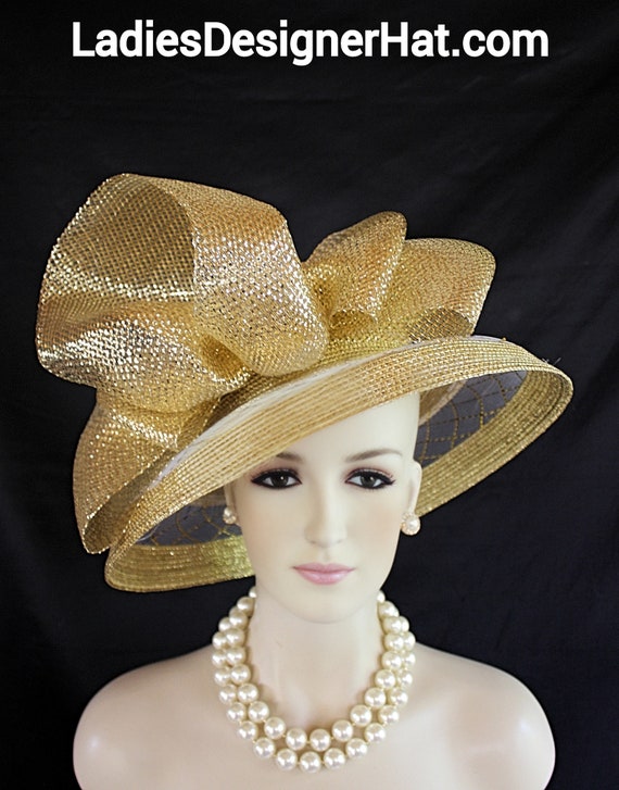 Avant Garde Metallic Gold Hat Women, Formal Big Brim Holiday Dress Hat, Mother Of The Bride Hat, Church Sabbath Hat, NYFashionHats, Races