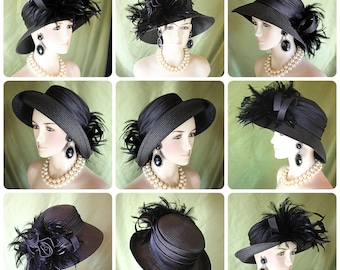 Women's Black Formal Big Brim Dress Hat, Wedding Church Occasion Hat, NY Fashion Hats Millinery Haute Couture, Designer Hats For Horse Races