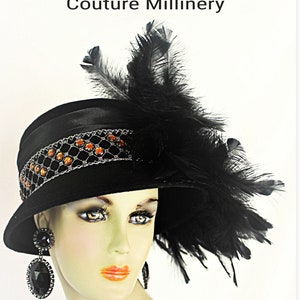 Haute Couture Black Winter Wool Vintage Style Glamorous Designer Feathered Hat, NY Fashion Hats Luxury Millinery Wedding Formal Church