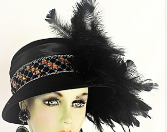 Exquisitely Stunning Black Couture Feathered Embellished Rhinestone Winter Hat Feathered Haute Couture Hat: Black Sequin Beaded  main image 2