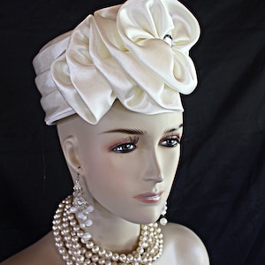 Satin Pillbox Wedding Bridal Hat Headpiece, Ivory Beige Hats For Brides, Mother Of The Bride Hat, Designer Church Formal Hat, Haute Couture