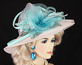 Kentucky Derby Hat For Women, White Mint Blue Metallic Silver Wide Brim Hat, Hats For Horse Races Weddings, NY Fashion Hats Motf Millinery