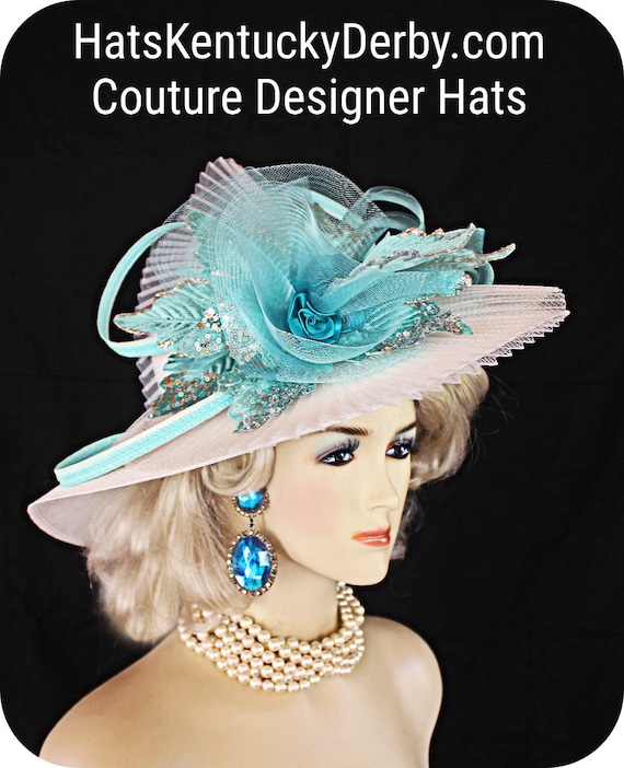 Kentucky Derby Hat for Women, White Mint Blue Metallic 