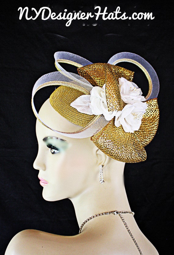 Metallic Gold White Cocktail Hat, Wedding Bridal Fascinator 