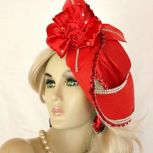 Red Couture Satin Pillbox Wedding Hat Art, Hats For Horse Races, Formal Designer Dress Hat, Statement Headpiece Bridal NYFashionHats Rosalie