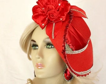 Red Couture Satin Pillbox Wedding Hat Art, Hats For Horse Races, Formal Designer Dress Hat, Statement Headpiece Bridal NYFashionHats Rosalie
