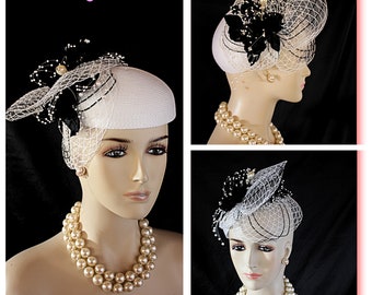 Hochzeit Braut Cocktail Hut Kopfschmuck, Schwarz Weiß Disk Saucer Fascinator, Couture Designer Hüte Für Frauen, Hatinator, NYFashionHats