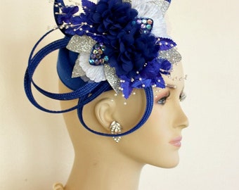 Diseñador de alta costura Royal Blue Metallic Silver Hat Wedding Fascinator, Bridal Wedding Headpiece Formal, NY Fashion Hats Millinery Races