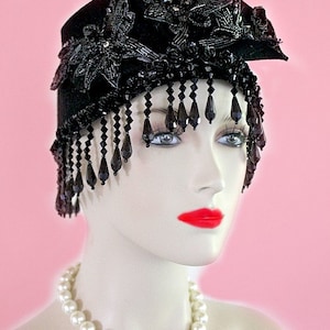 Black Winter Wool Art Deco Fashion Hat For Women, Beaded Sequin Formal Wedding Pillbox Headpiece, NY Fashion Hats, Haute Couture Luxury Hat