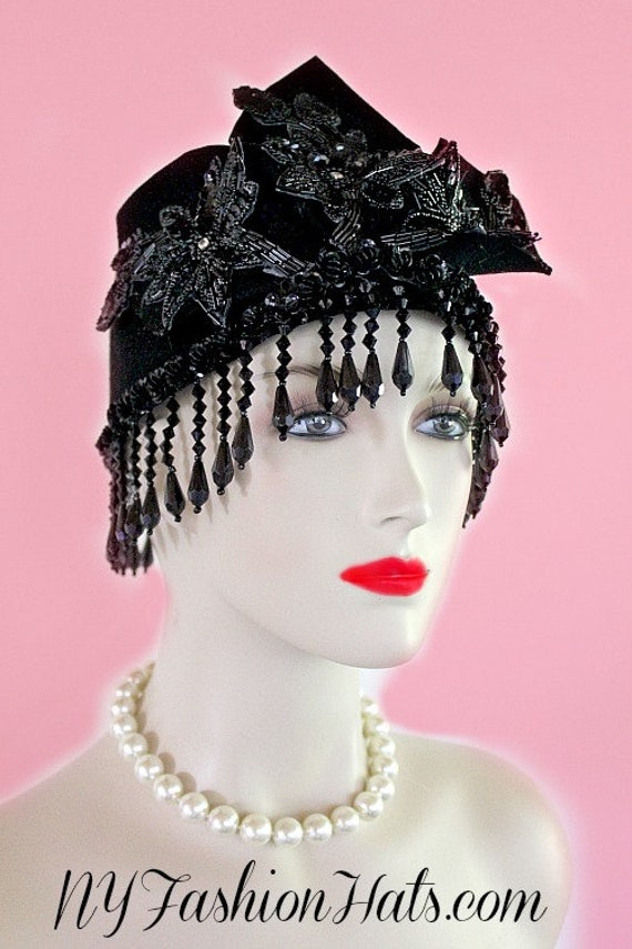 Vintage Donna Vinci Couture‎ Hat Womens Fur Pill Box Feather Sequin Art Deco Black Orange Silver Winter Wool Pillbox Hat, 1920 main image 3