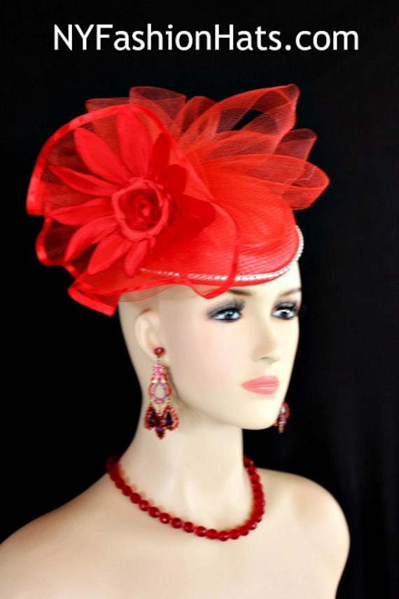 Red Pillbox Wedding Hat Fascinator Headpiece, Women