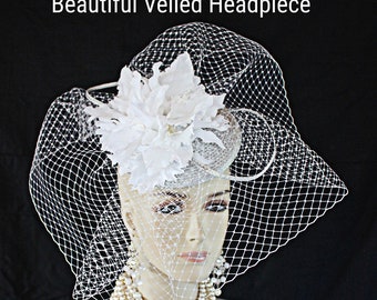 Wedding Fascinator Bridal Headpiece Cocktail Hat, Silver Gray White Birdcage Veil Brides Hat, Kentucky Derby Hats Races, NY Fashion Hats Rio