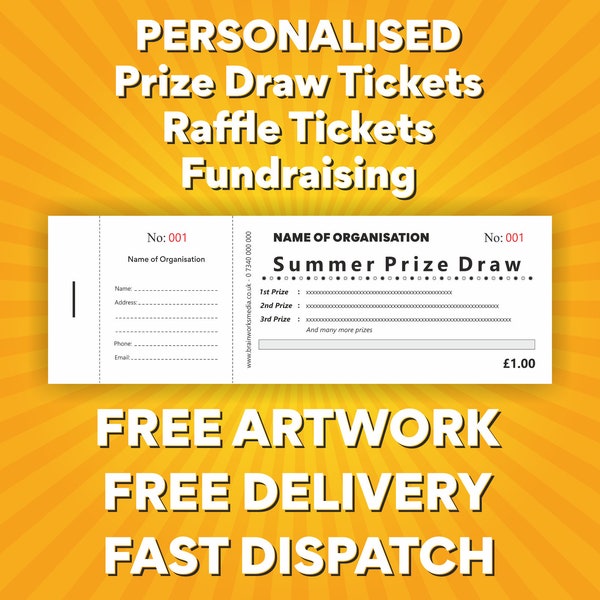 1000 Personalised Prize Draw Tickets - Raffle Tickets - Fundraising - FREE ARTWORK