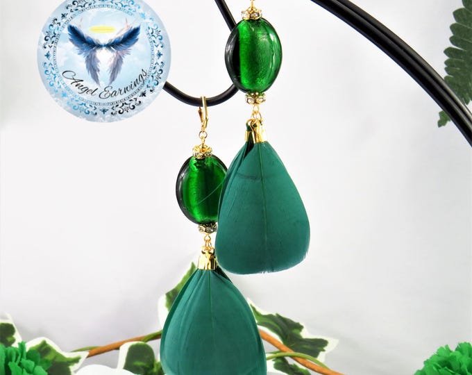 Emerald City - Feather Earrings - Glass Beads - Green Feathers - 14K Gold - Hypoallergenic