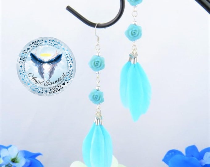 Wishing Rose - Feather Earrings - Acrylic Beads- Flower Charms - Stainless Steel - Hypoallergenic