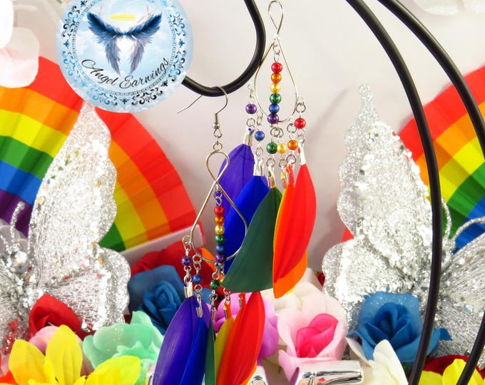 Love Is Never Wrong - Feather Earrings - Pearl Beads - Rainbow - Silver-Plated - Stainless-Steel - Hypoallergenic
